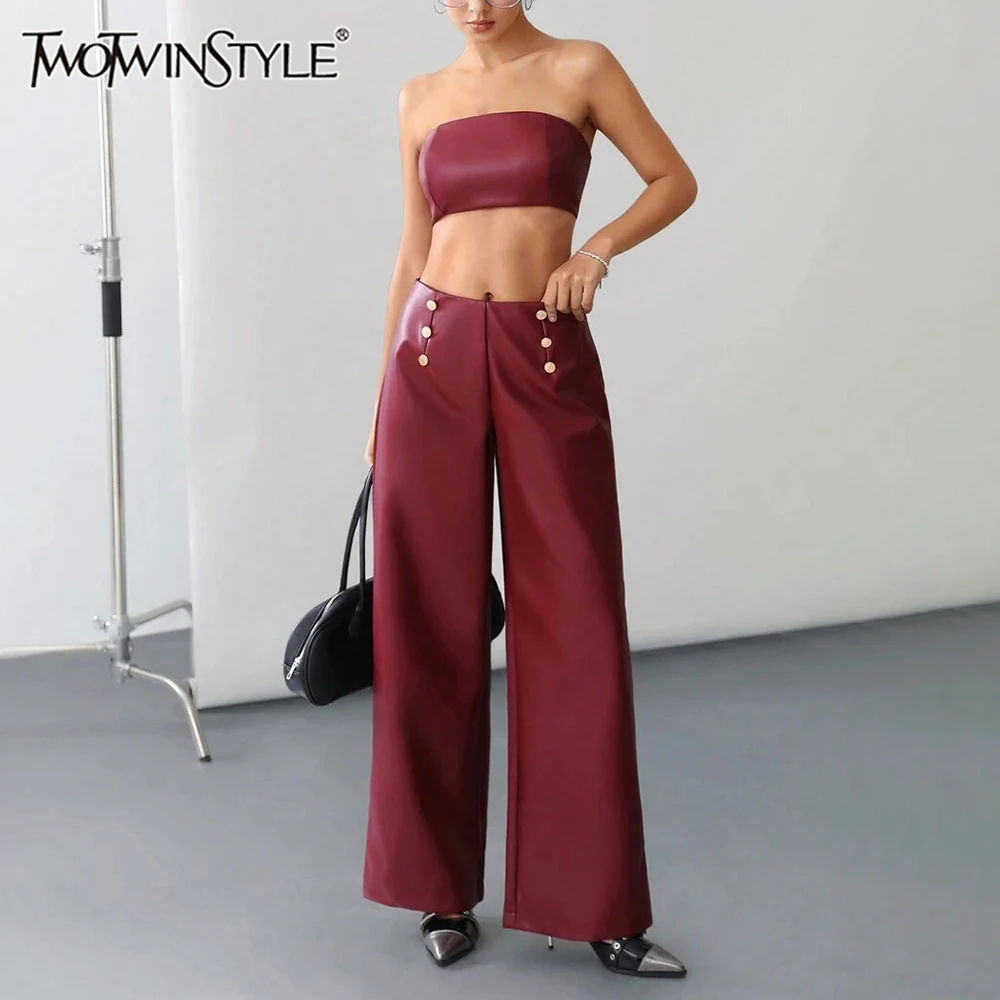 

TWOTWINSTYLE однотонный комплект из двух предметов для женщин, топ без бретелек, без рукавов, с высокой талией, комплекты брюк на пуговицах, женские новые