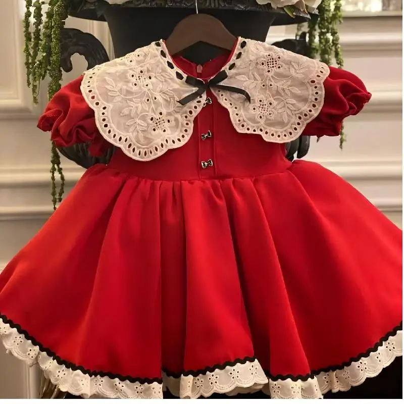 

0-12Y Baby Girl Summer Red Vintage Princess Dress for Birthday Photography Holiday Eid Christmas B421