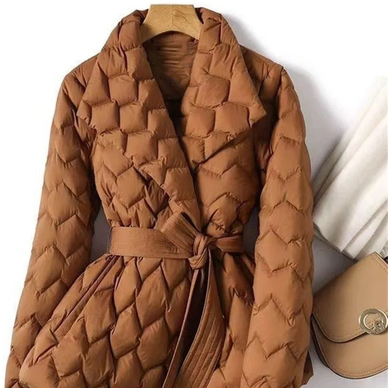 Winter Temperament Water Ripple Quilted Lightweight Down Cotton Jacket Lapel Waist Cinched Mid Length Elegant Cotton Coat