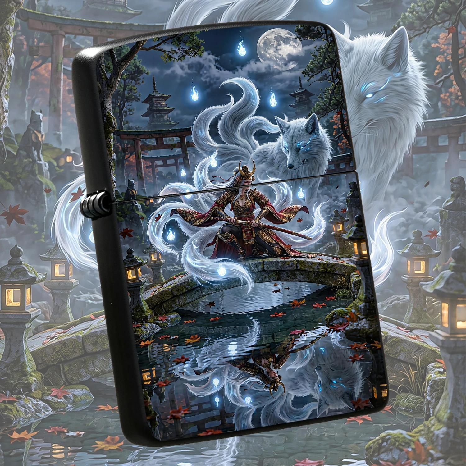 Exquisite Lighter With Mythical Nine-Tailed Fox Samurai Print, Artistic Moonlit Shrine Bridge Pattern, Portable Stylish Design, Ideal For Daily Use Outdoor Activities Gifting For All Scenarios A Humorous And Interesting Lighter