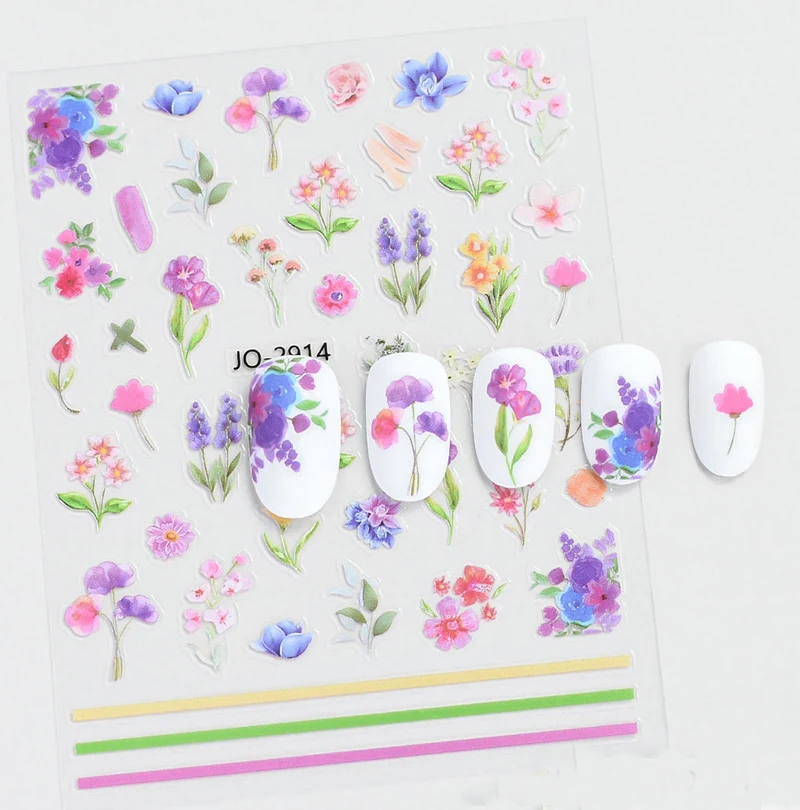 Calcomanías 3d para decoración de uñas, pegatinas de mariposas con flores moradas, azules y rosas, decoración para puntas de uñas, belleza