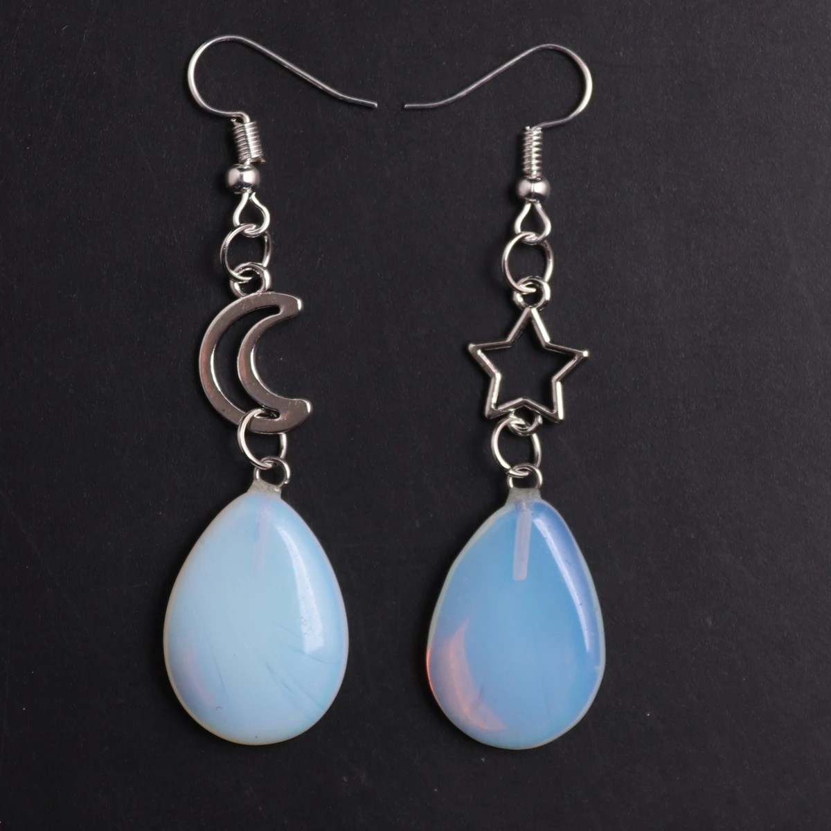 1Pair Bohemia  Dopamine Color Water Drop Natural Crystal Stone Rose Quartz Moon Sun Alloy Long Healing Earrings Jewelry