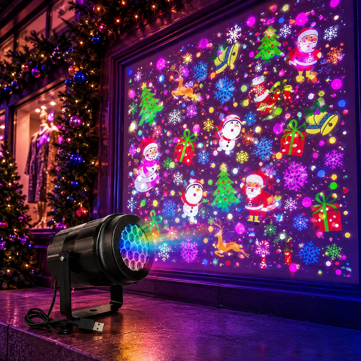 Christmas Holiday Projector Light 16 Patterns USB LED Rotating Snowflake Santa Stage Lamp for Indoor Outdoor Xmas Party Decor