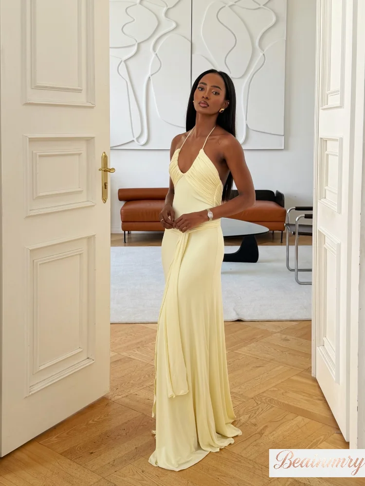 

Sexy Solid Halter Maxi Dress Fashion V-neck Sleeveless Backless Pleated High Waist Women Dresses 2026 Summer Lady Party Robes