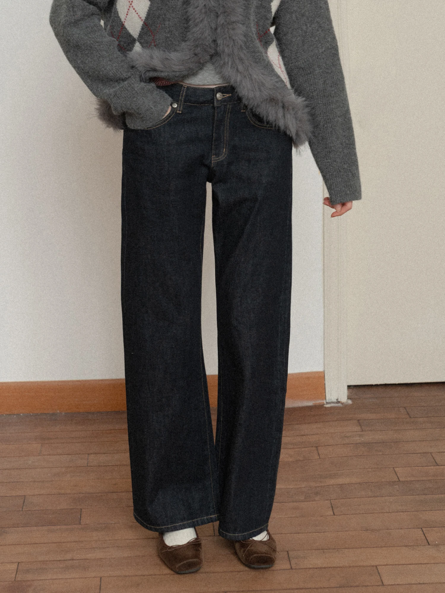 

Blue Vintage Straight Leg Fleece Lined Casual Loose Women's Jeans High Waist Cotton Warm Winter High Waist Straight Leg Jeans