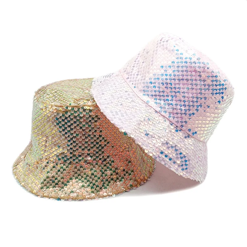 Shiny Sequins Bucket Hats Women Girls Fashion Reversible Holographic Fishermen Hats Outdoor Street Wide Brim Sun Caps