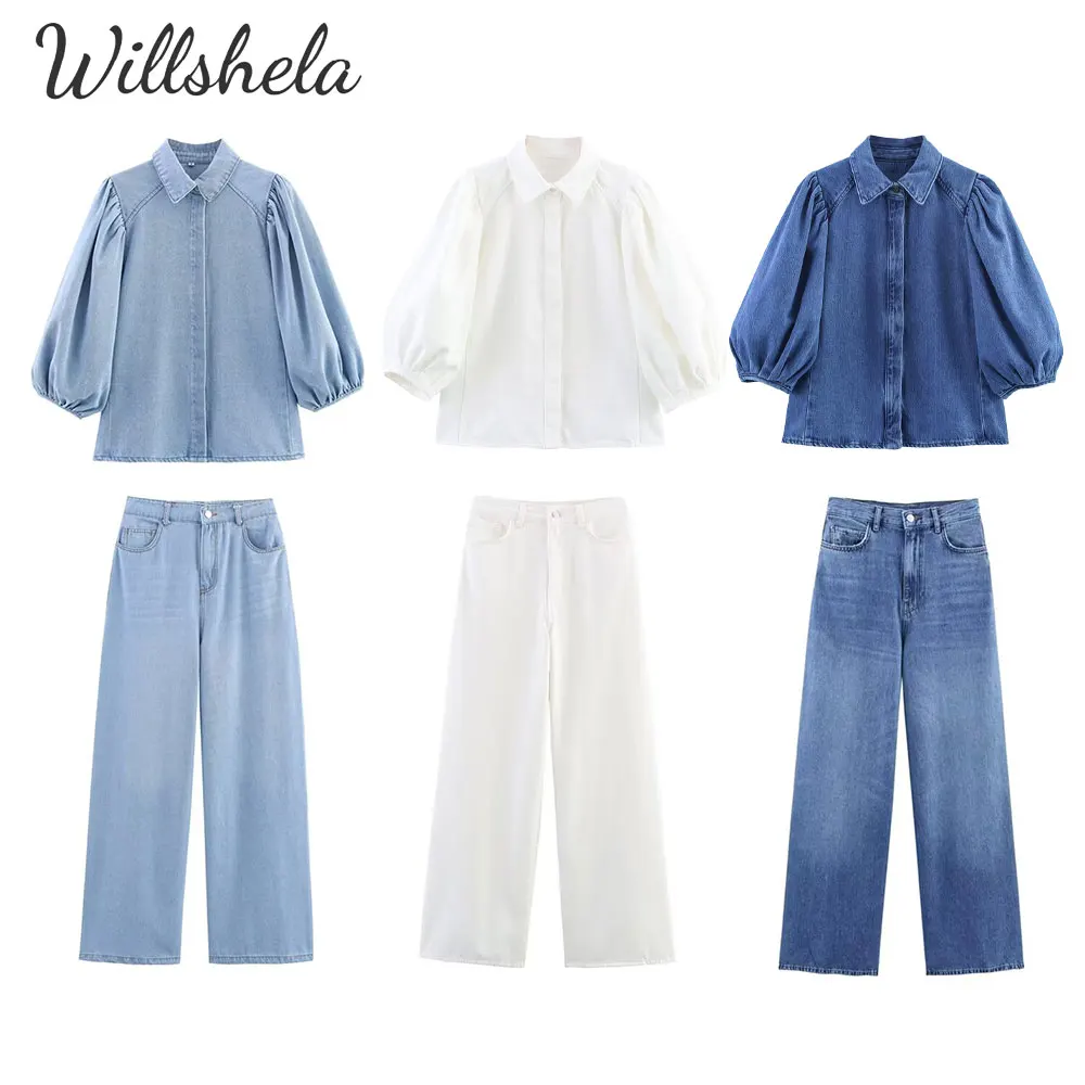 

Willshela Женская мода Комплекты из 2 предметов Однотонная джинсовая рубашка и прямые широкие брюки Женский шикарный женский повседневный брючный костюм Mujer