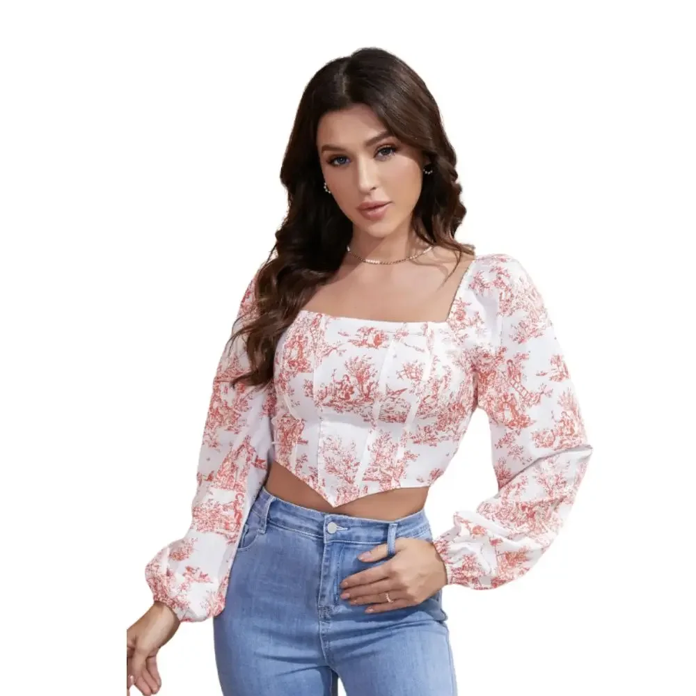 Spring And Autumn Short Lantern Sleeve Design Floral Shirt Blouse Woman