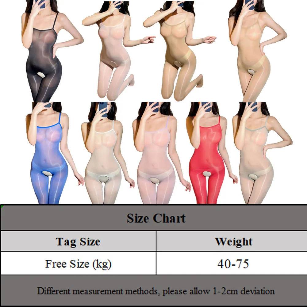 Women Jumpsuit Oil Shiny Glossy Tight Transparent Bodysuit Sexy Open Crotch Bodystocking Lingerie Seamless See-through Underwear