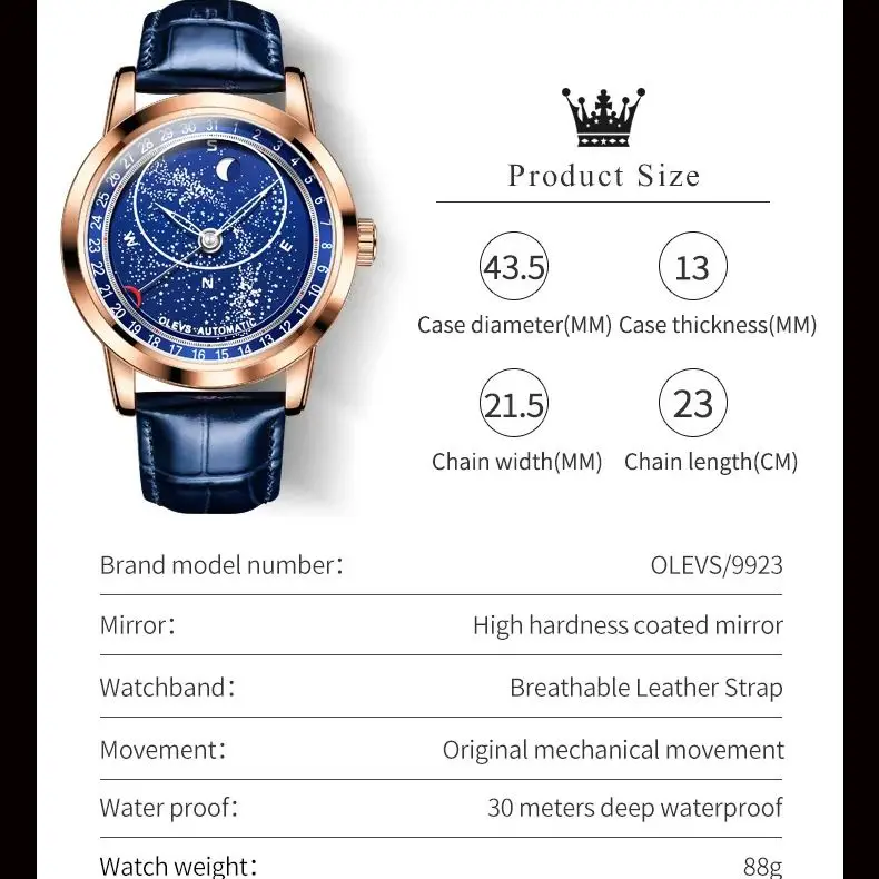 OLEVS Starry Sky Blue Luminous Men\'s Watch Automatic Mechanical Leather Strap Waterproof Wristwatch TOP Brand Men Watch Business