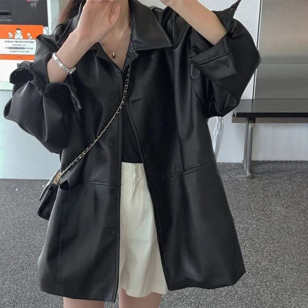 

For Daily Use Lapel Loose Jacket Women's Leather Jacket Autumn Vacation Loose Fashion Coat Slight Stretch Fabric