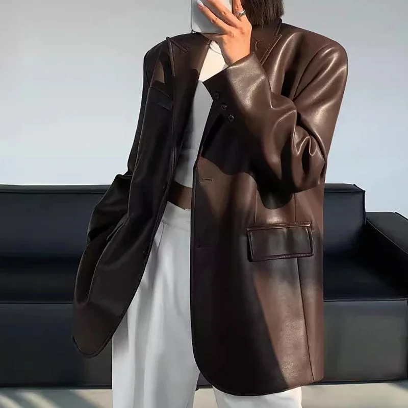 Damska kurtka retro z luźnym krojem, wykonana ze skóry PU, nowa kolekcja jesienna, wysoka jakość, styl casual, top do garnituru, styl miejski, długi rękaw, moda high street.
