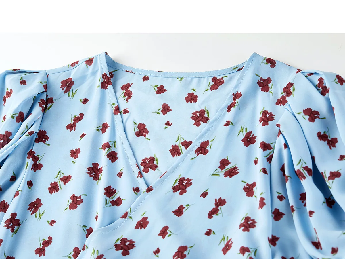 SENTUBILA 2026 Sommer-Blumenkleider für Damen, Französischer V-Ausschnitt, Puffärmel, Elegantes Taillenband, Figurbetontes Bedrucktes Midi-Kleid W62LF7571 – Detail 34