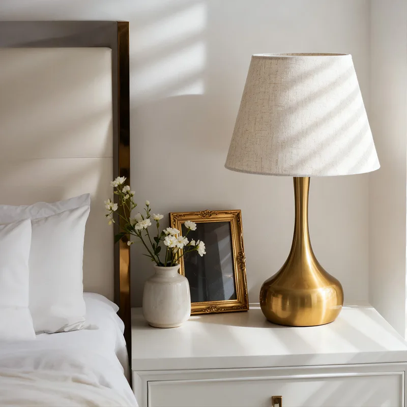 Modern Bedside Lamp Retro Style Copper Metal Base Table Light Hotel Decorative Atmosphere Night Stand Lighting Home Ornament