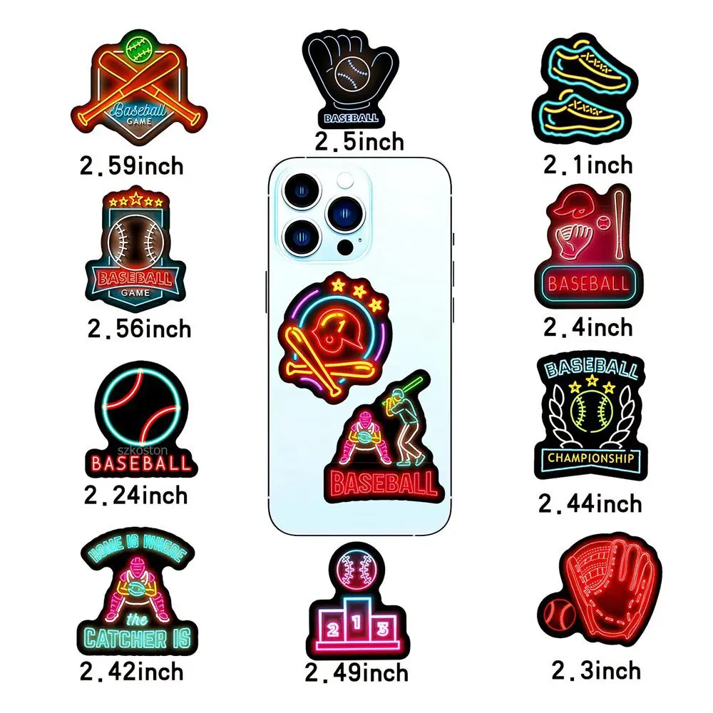 50PCS PVC Neon Baseball Stickers Baseball Party Decorations Waterproof Stickers for Water Bottle Laptop Luggage Helmet Gifts