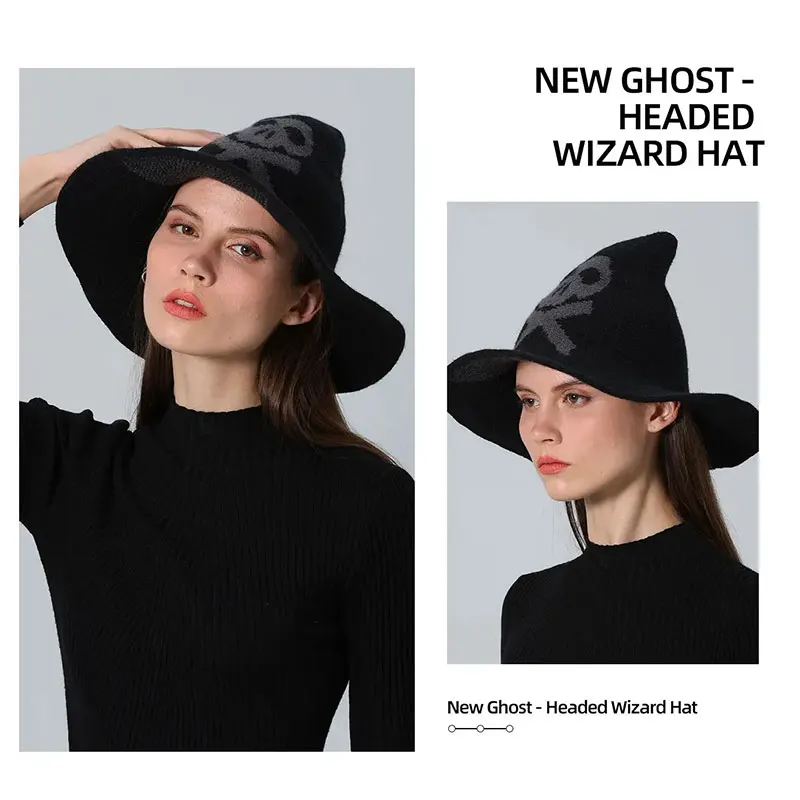 

New Skull Witch Hat Vintage Women's Party Halloween Easter Wool Knit Mask Witch Hat Decoration Cosplay Performance Props