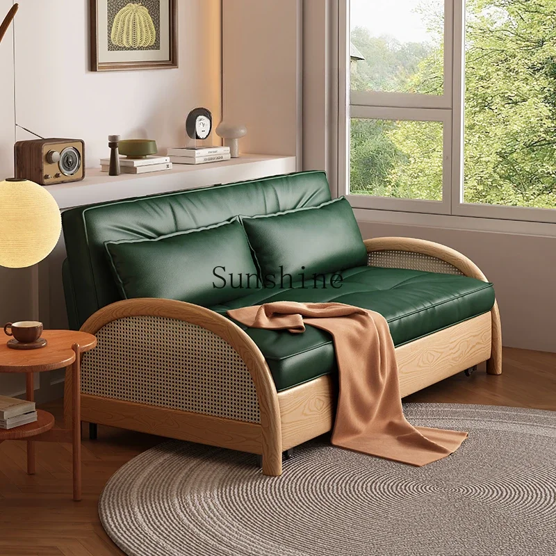 Leather sofa bed small apartment living room folding dual-purpose simple storage solid wood sofa