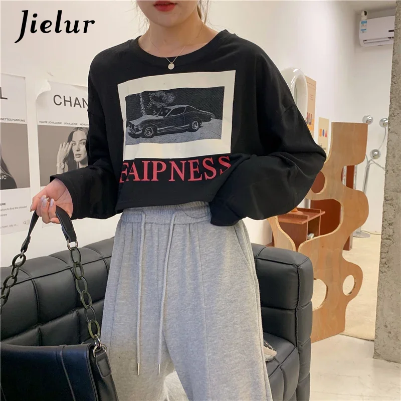 Jielur Retro Letter Printed Long-sleeved T-shirts Women White Classic Streetwear Girl Short Tops Black Basic T-shirt Female M-XL