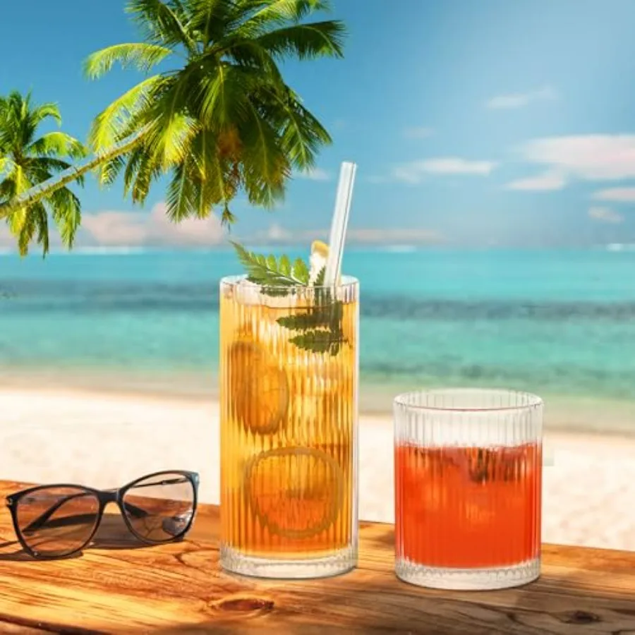 أواني زجاجية مضلعة مكونة من 12 قطعة - 6 أكواب عالية الكرة 12 أونصة، 6 أكواب زجاجية صخور 14 أونصة، أكواب شرب كوكتيل عتيقة، مثالية للفوز #3