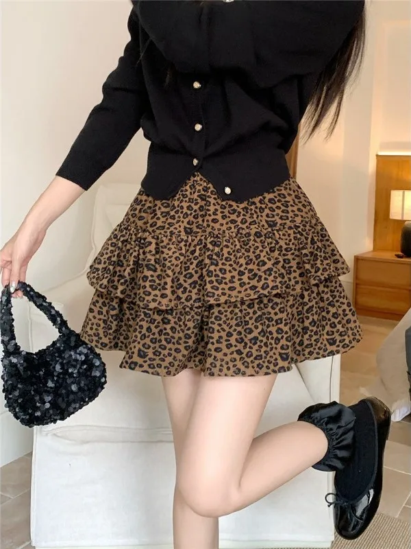 

Юбка А-силуэта с высокой талией для женщин больших размеров, винтажная многоярусная юбка с леопардовым принтом, плиссированная юбка для женщин больших размеров