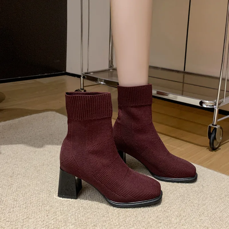 Lady Boots Women Shoes Autumn Boots-Women High Heel Ankle 2024 Stockings Square Toe Women's Boots Autumn Boots-Women Shoes 2024