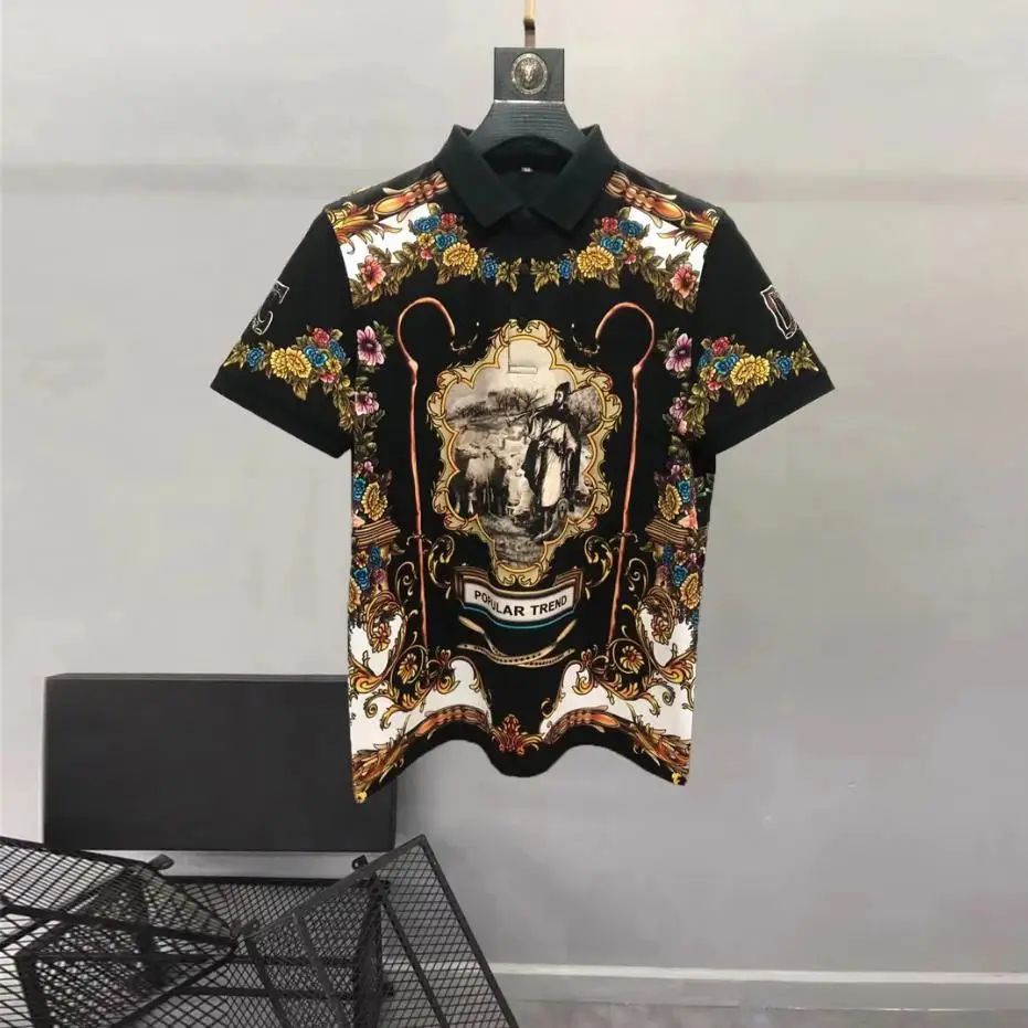 European and American men's wear summer 2022 new Short sleeve lapel print for court figure Fashion cotton T-shirt