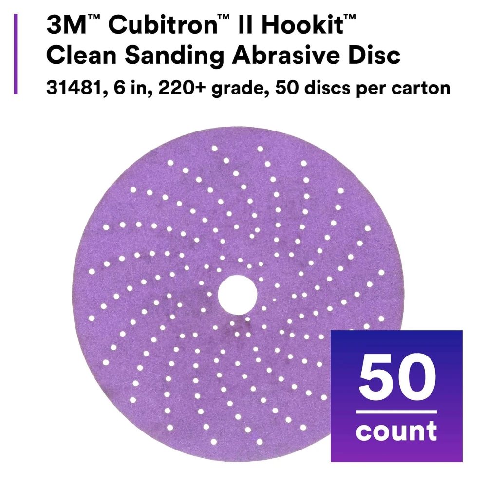 50pcs Cubitron 3M II Hookit Clean Sanding Abrasive Disc 6 in 220+ Grade Pack of 50 Discs, Virtually Dust-Free, High Performance