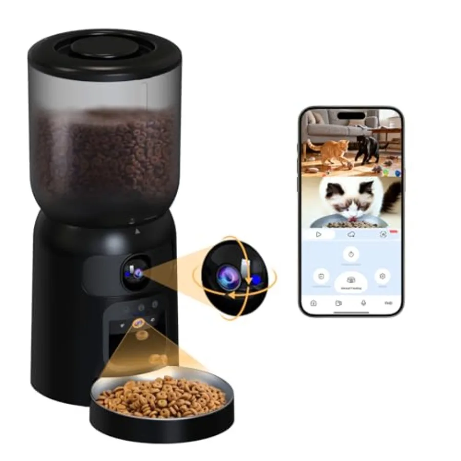 

Automatic Cat Feeder with 2K HD Dual Cameras 2.4/5G WiFi 6L for Cats Dogs Black Pet Food Dispenser with Laser Toy Night Vision