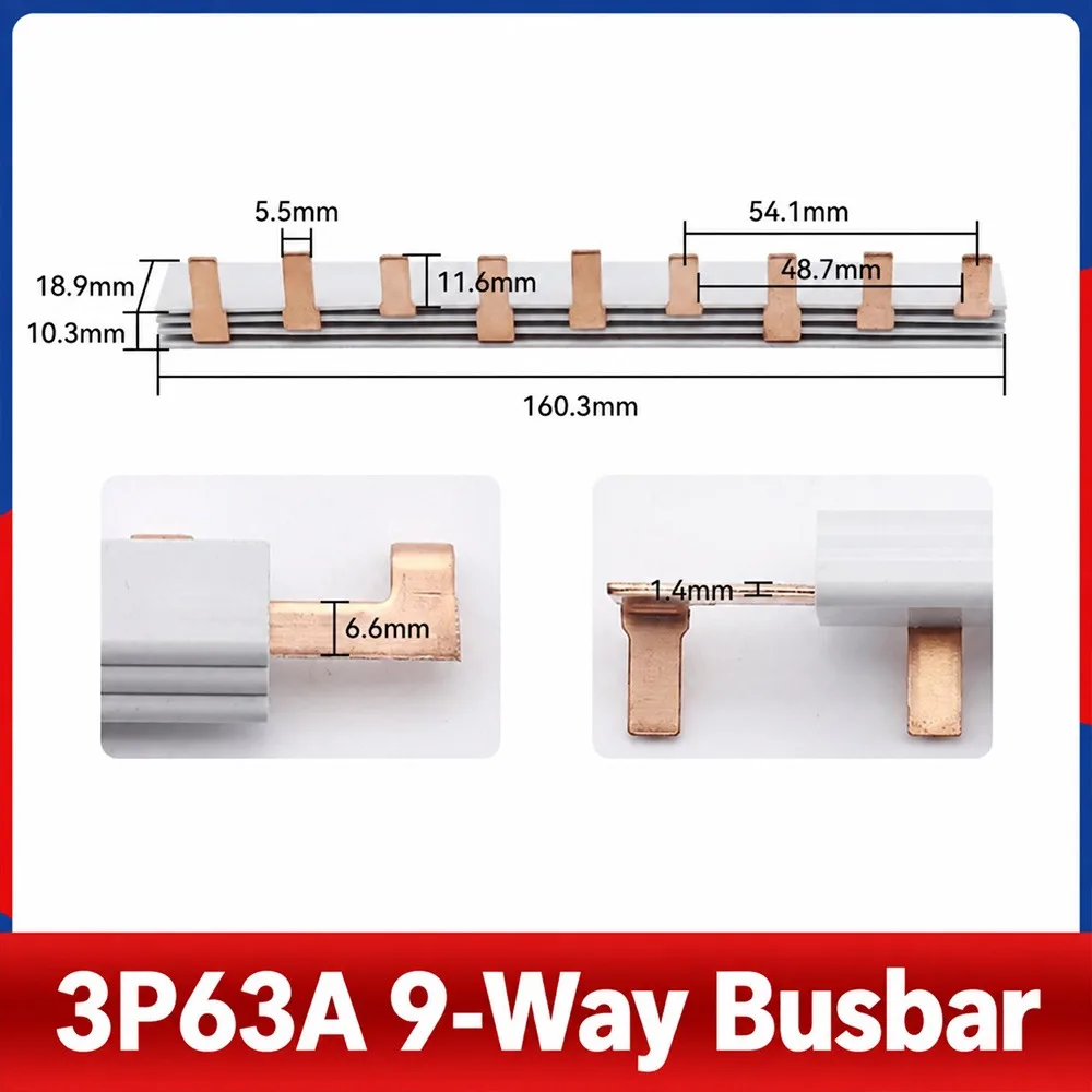 1Pcs 63A MCB Busbar 1/2/3Pole Red Copper Pin Type Busbar 18/36mm Phase Spacing PVC Flame Retardant Circuit Breaker Busbar