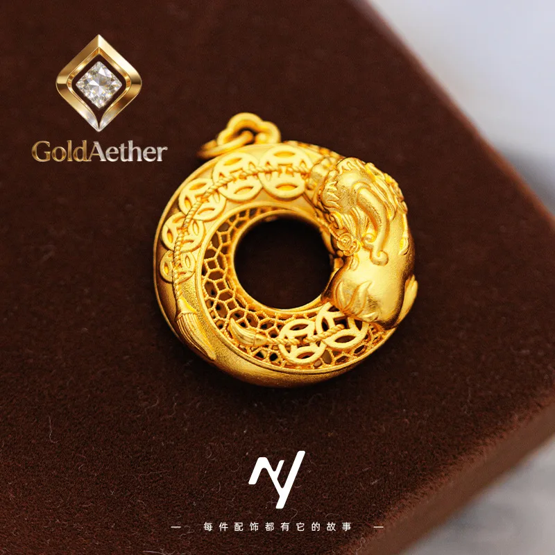 

GoldNouveau Luxury 24K 9999 Pure Gold real gold Hollow-out silk five emperor money brave money peace buckle