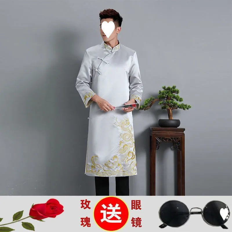 A551Best man costume Chinese style clothing set 2024 new large winter wedding long shirt Tang suit