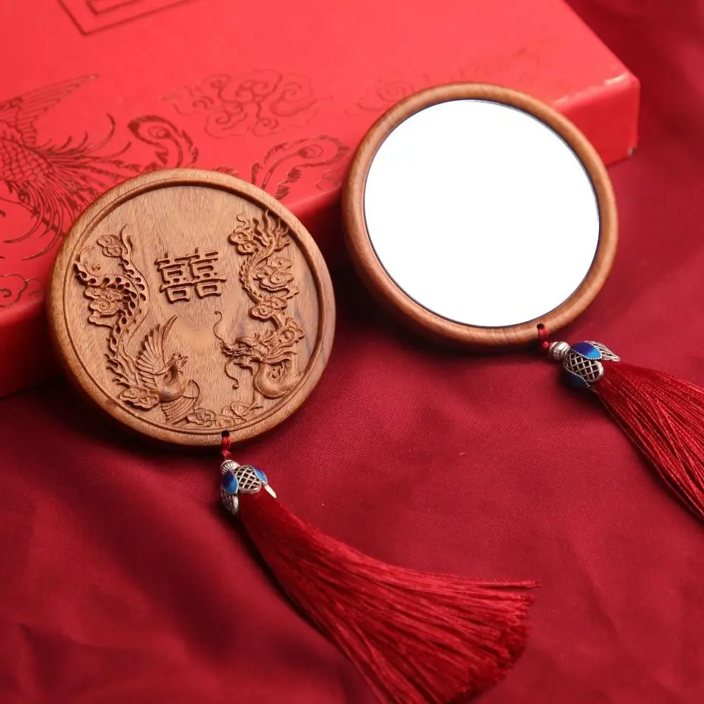 Classical with Tassels Makeup Mirror Sandalwood Lotus Flower Vanity Mirror Plum Blossom Portable Cosmetic Mirror Wedding Gift