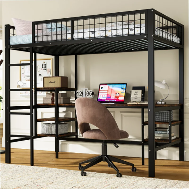 Cama de piso de hierro adecuada para niños y adolescentes con mesa y estante con escalera de cuatro etapas, hierro + aglomerado S