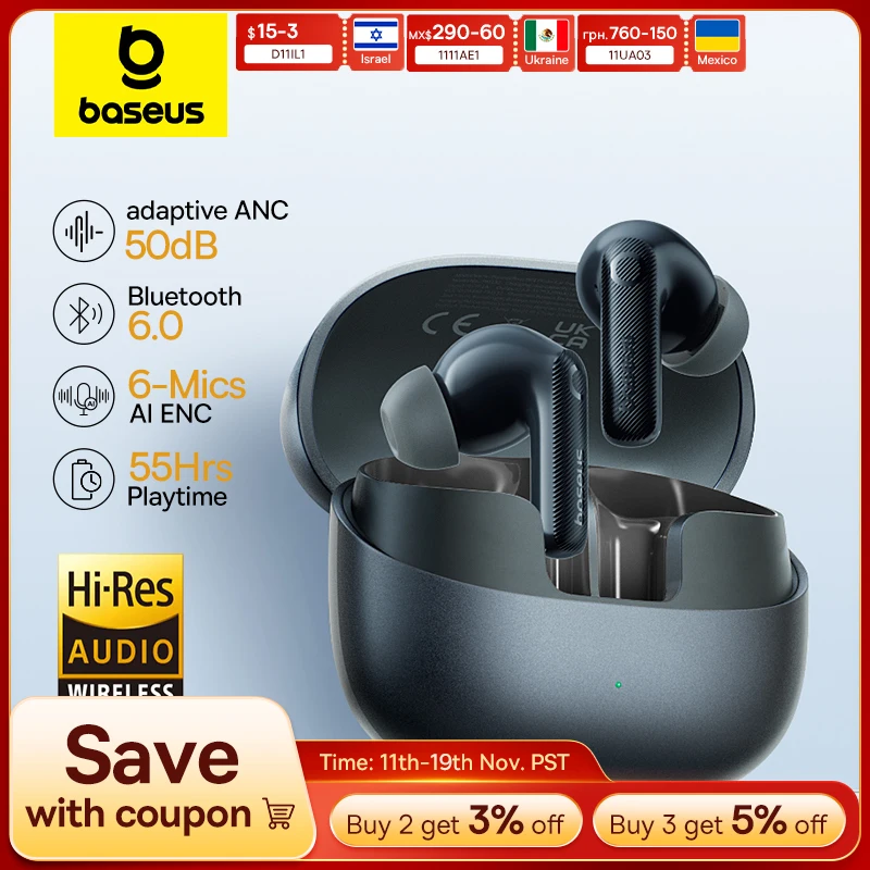 Baseus EP10 Pro ANC Earbuds Wireless Bluetooth 6.0 Earphones 50dB Realtime Adaptive Headphones 6 Mic Hi-Res LDAC IP55  Ear buds