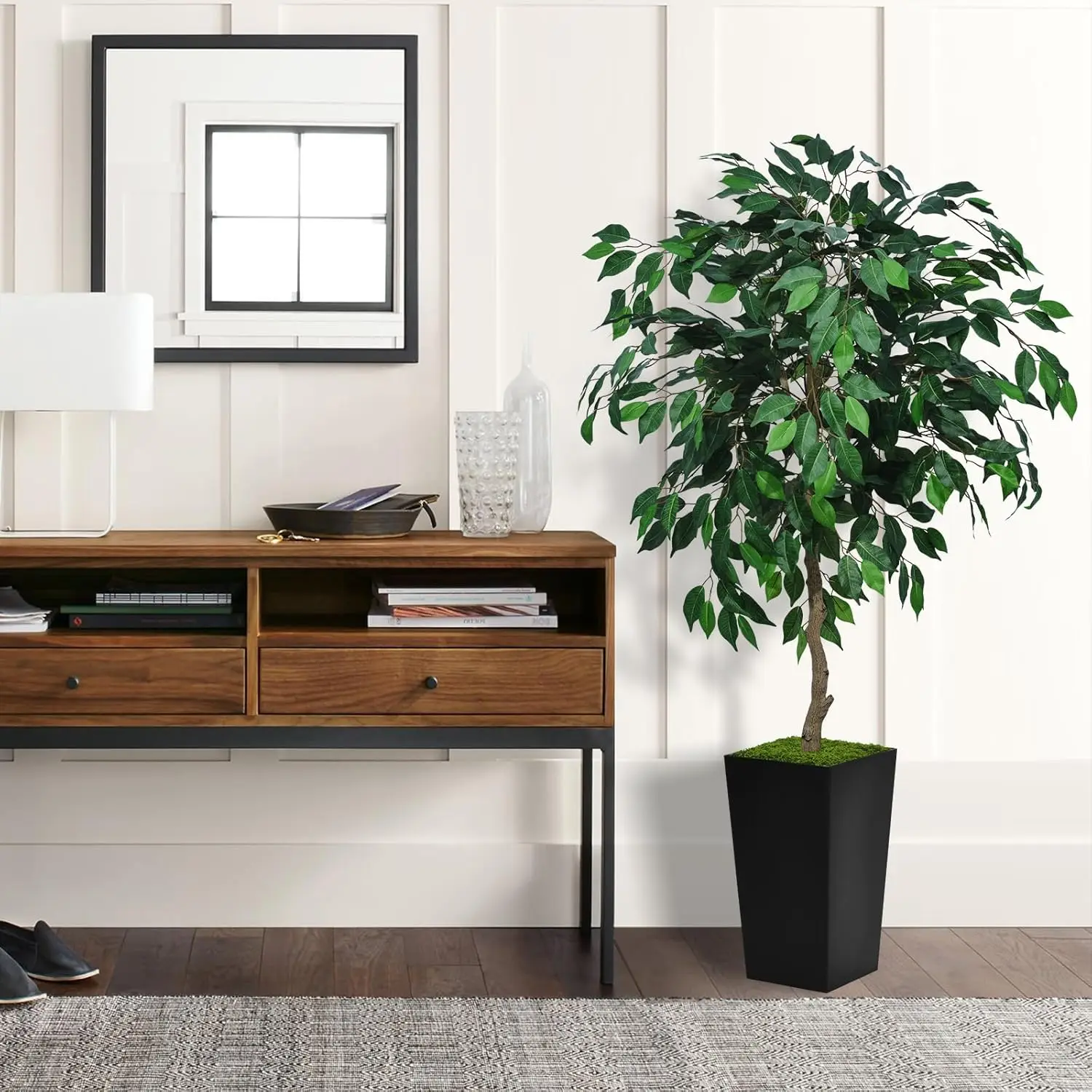 Artificial Ficus Tree 5Ft - Faux Indoor Tree With Black Tall Planter - Fake Ficus Floor Plant In Pot - Artificial Silk Tree For