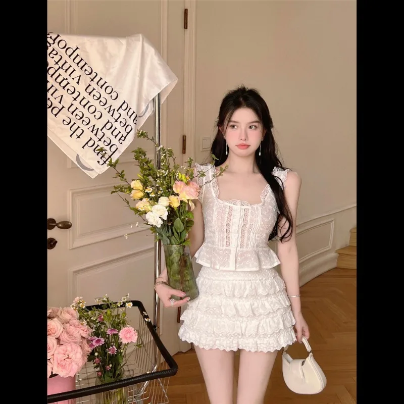 Sweet Fashion Lace Suspender Top Cake Skirt Two-piece Set Women Collarbone Flounce Single Breasted Spicy Solid Slim Summer Suit