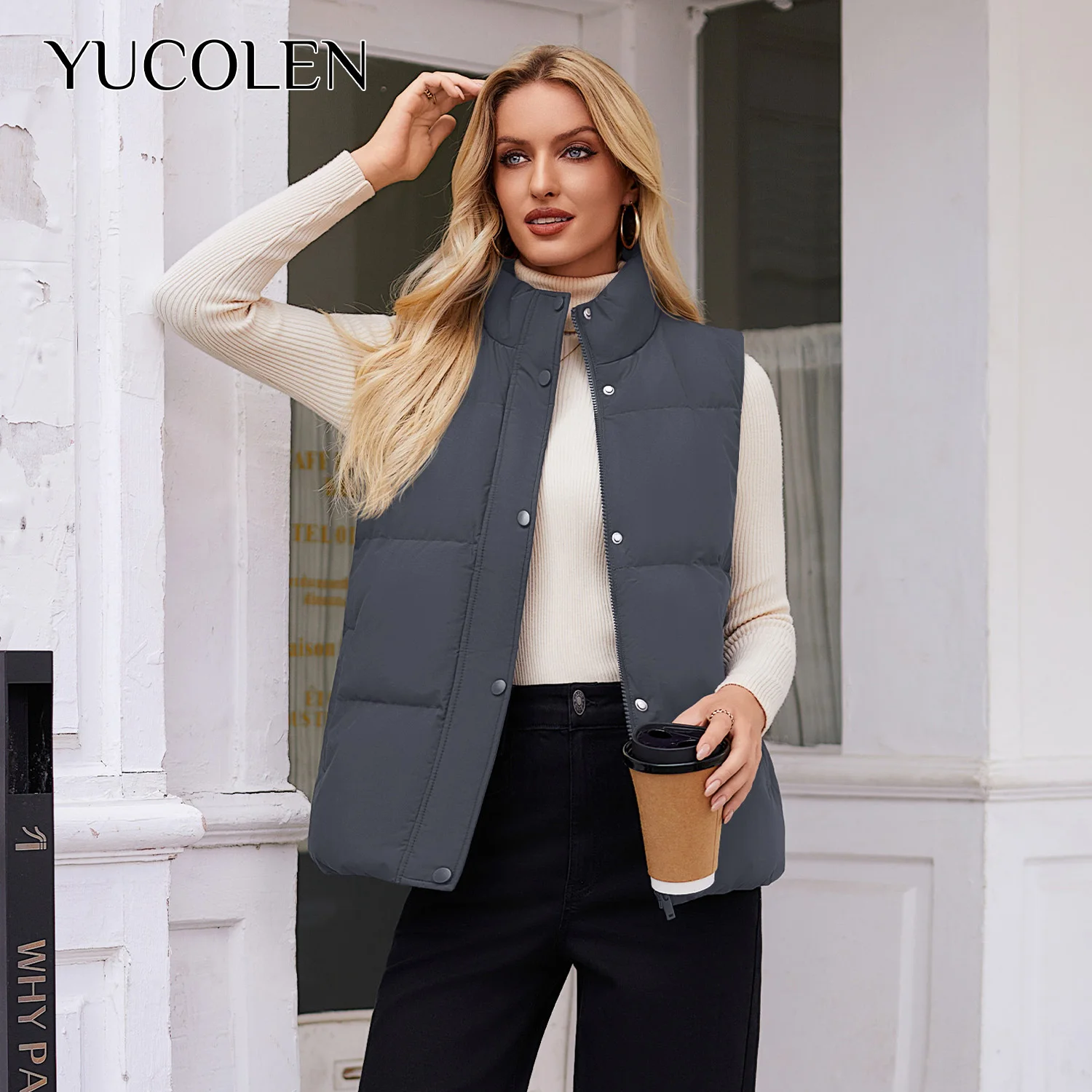 YUCOLEN Women Stand Collar Padded Vest Dual Zip Snap Button Sleeveless Quilted Gilet With Pockets Casual Loose Fit Layering Wais