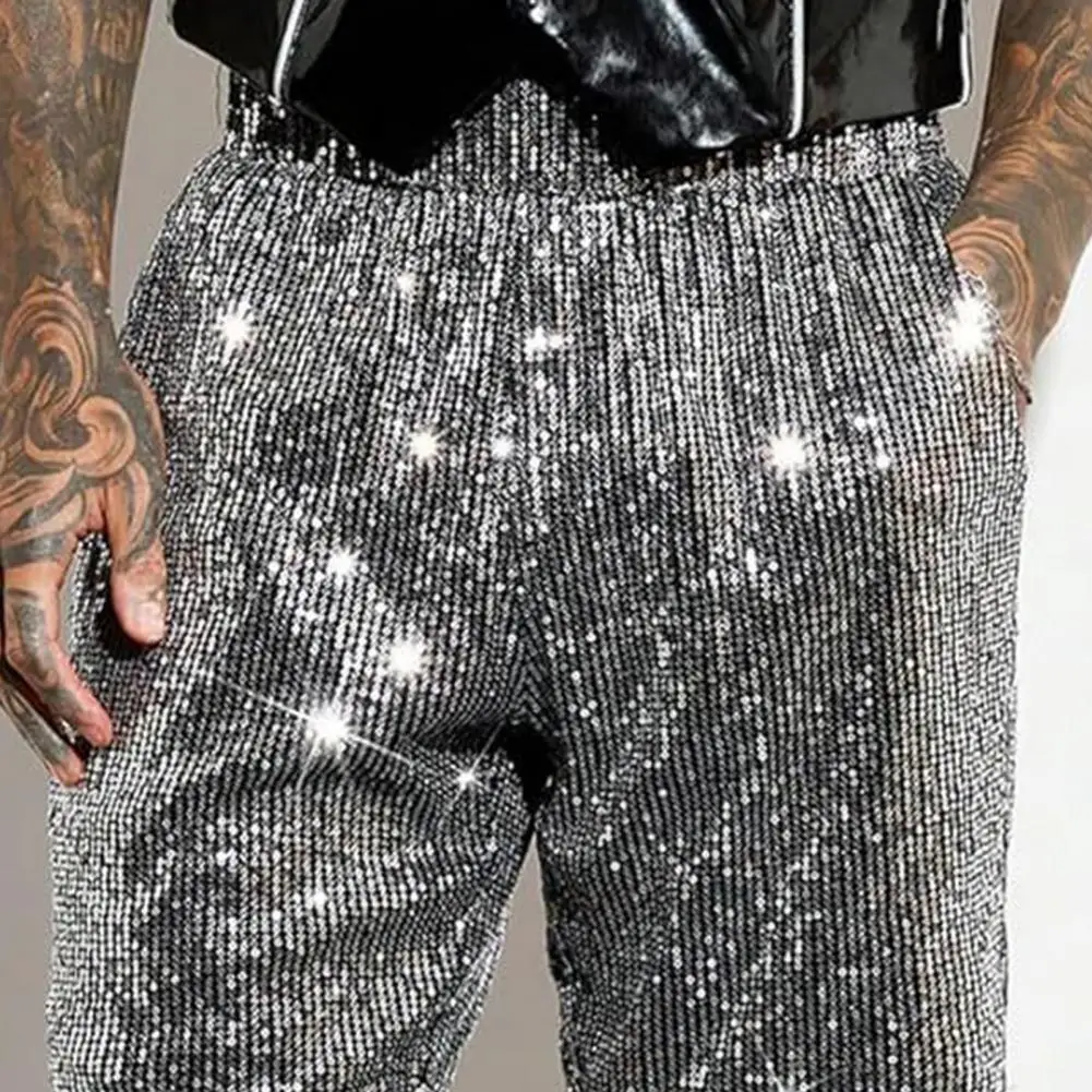 Men Sequin Shorts Stylish Men's Sequin Shorts With Elastic Waist Pockets Trendy Knee-length Shorts For A Shiny Look Loose Fit