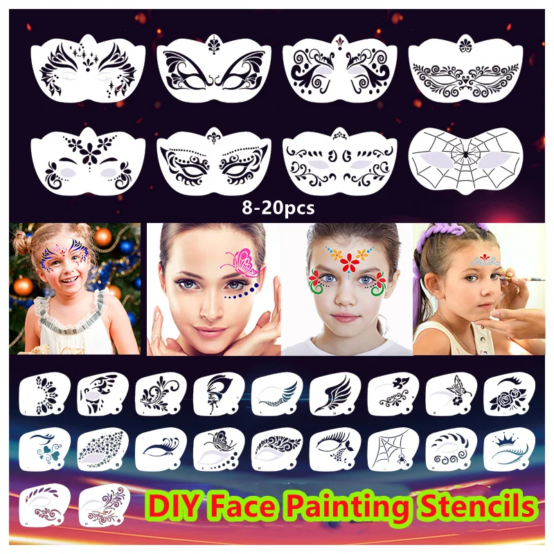 8-20Pcs Reusable Face Paint Stencils for Body Art Stamps Painting Halloween Party Makeup DIY Tool Temporary Tattoos Stencils