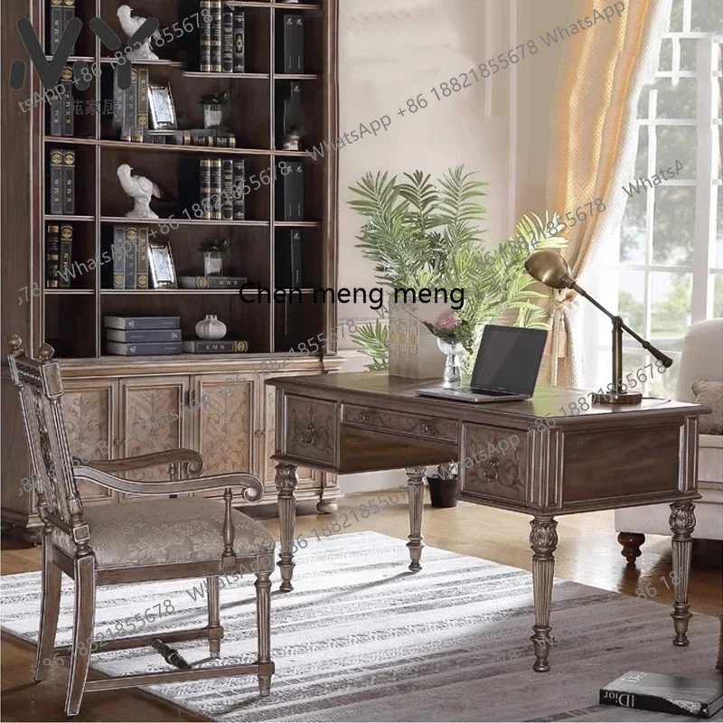 Hot sales American retro solid wood desk and chair combination French engraving painting old desk customization