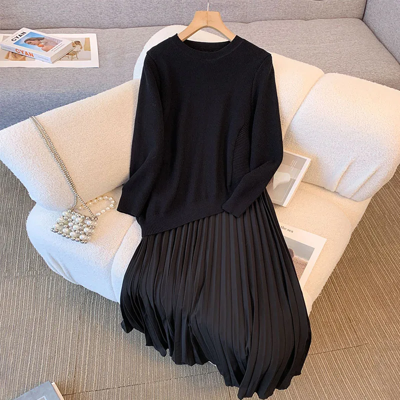 Bomon Autumn/Winter 2024 new fashion patchwork design oblique pleated skirt long fake two casual loose crew-neck knitted dress