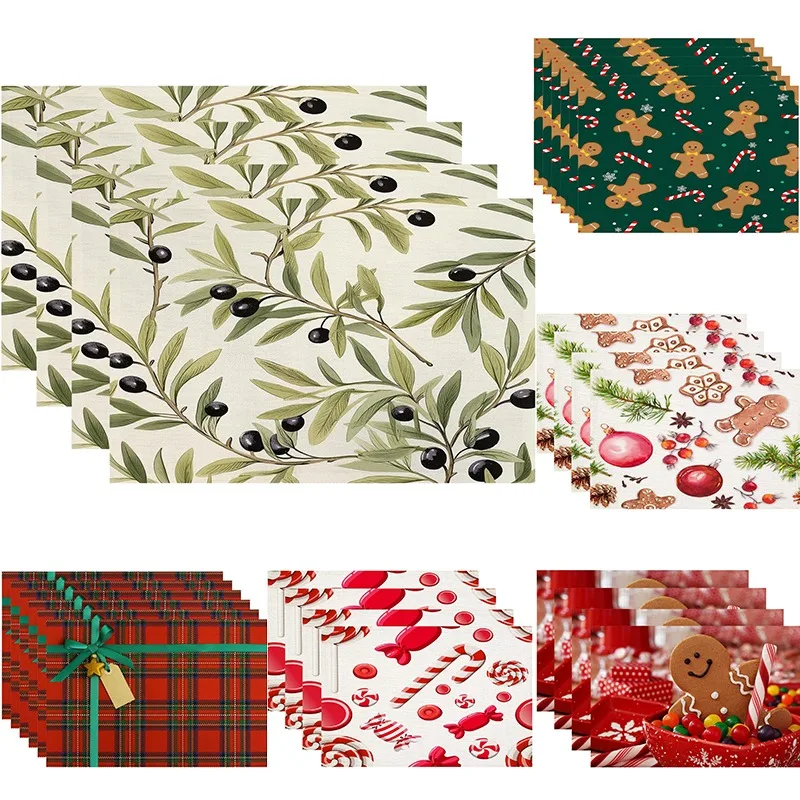 Olive Branch Floral Red Element Pattern Printed Linen Placemats with Gift Box Printing for Party Kitchen Dining Room Decoration