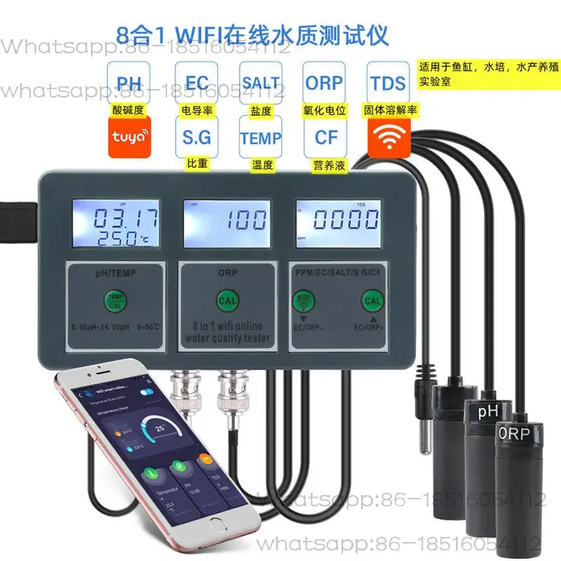 WiFi 8-in-1 Online Water Quality Detector PH CF ORP Salinity Seawater Fish Tank Water Quality Tester