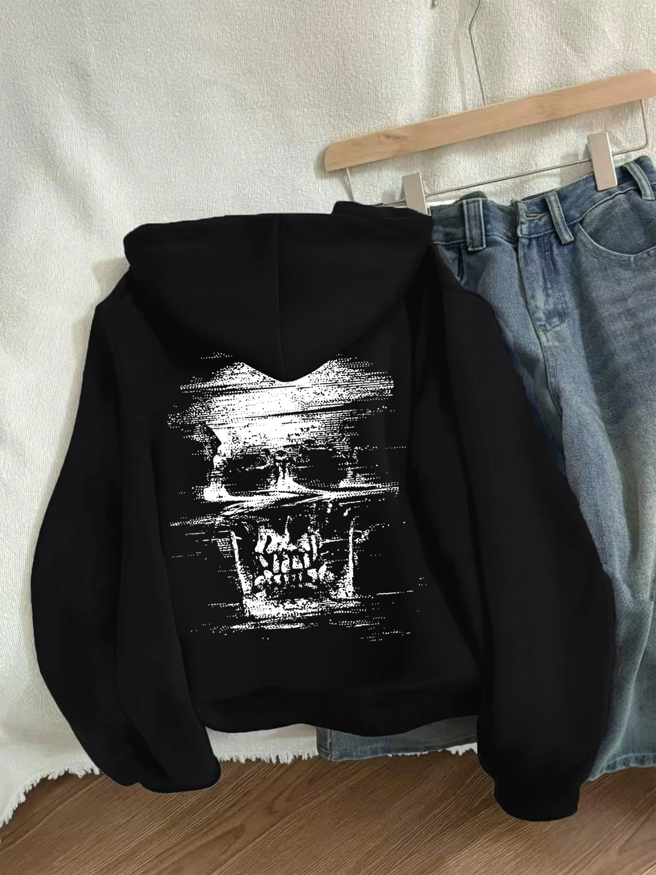 

Winter Y2k Gothic print thick heavy velvet black hooded zipper jacket slim temperament women's jacket casual lazy commuter style