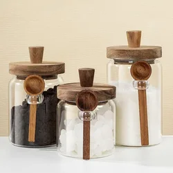 Clear Glass Candy Snack Jar with Spoon Kitchen Sealed Moisture Proof Condiment Bottle Salt Sugar Chili Box Herb Storage Bottle