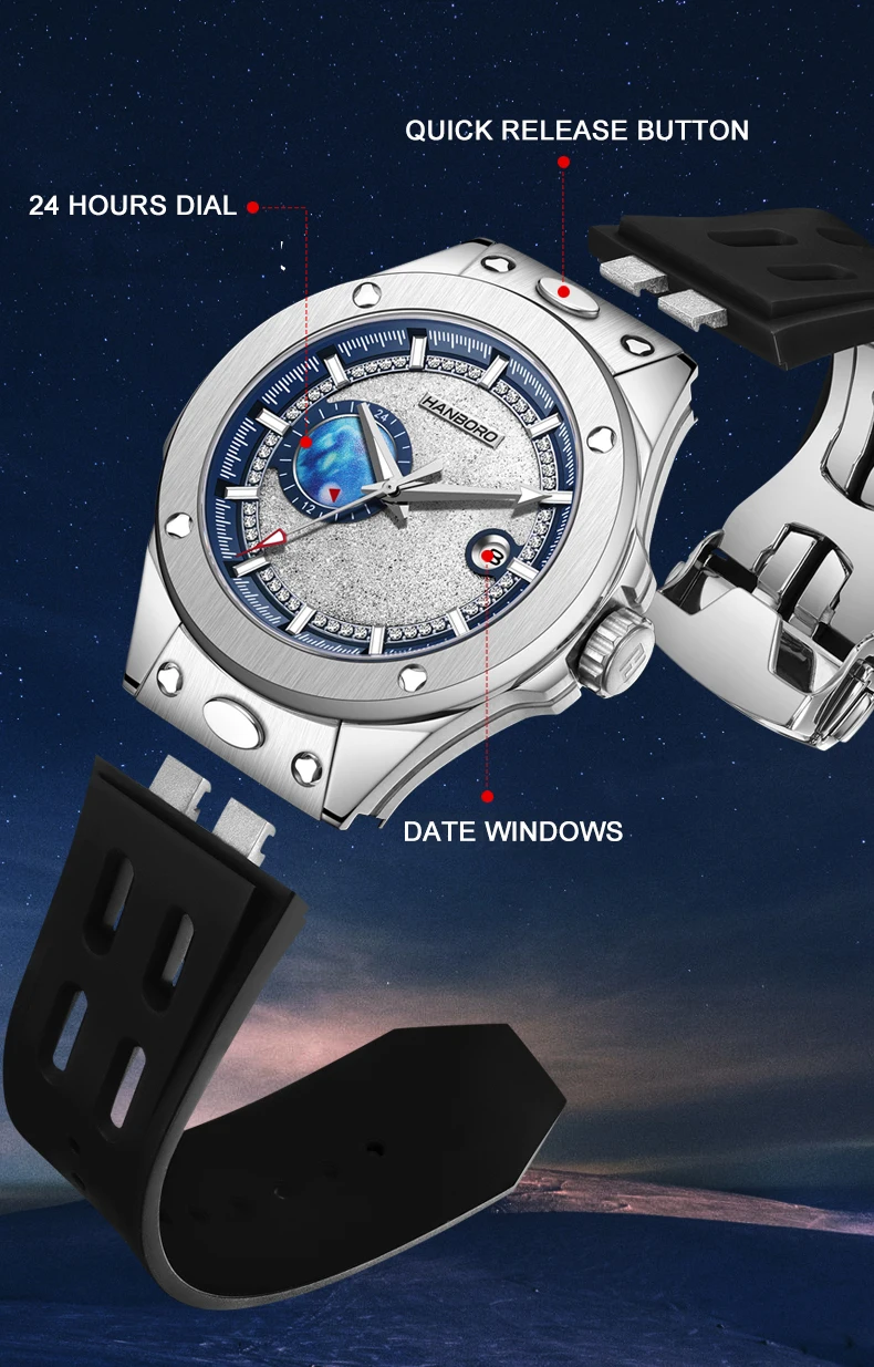 HANBORO orologio automatico da uomo 42mm orologio da polso meccanico impermeabile zaffiro luminoso 24 ore data Miyota8217 cinturino a sgancio rapido