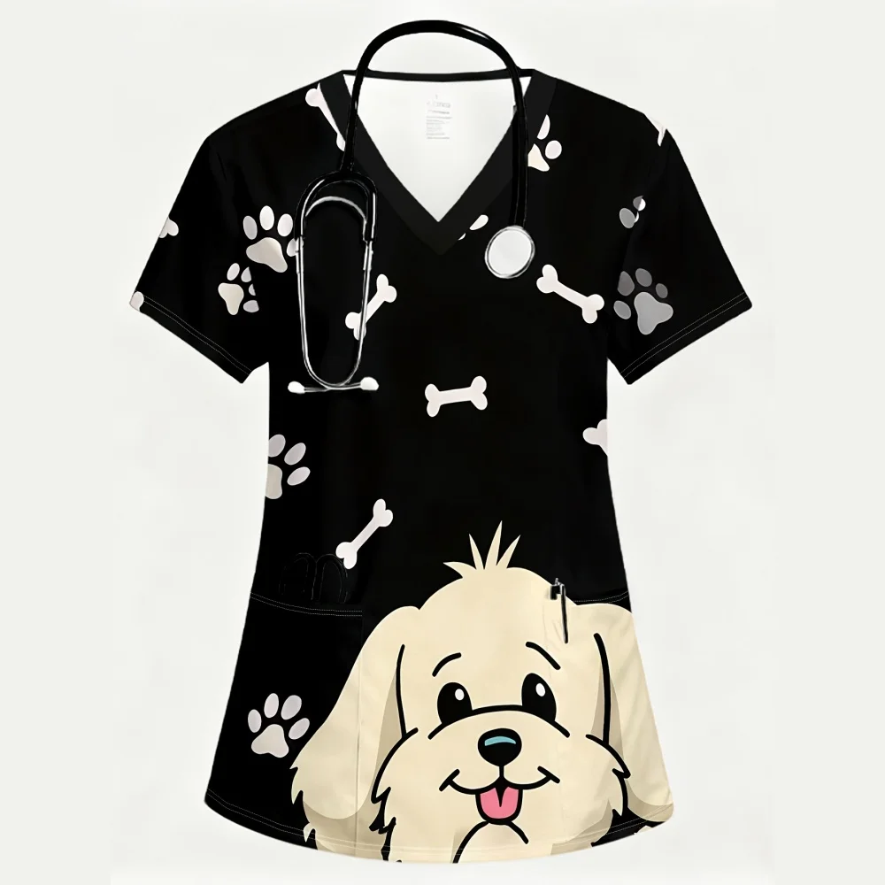 uniformes-medicos-femininos-com-estampa-de-patas-de-cachorro-e-padrao-de-ossos-camiseta-de-manga-curta-para-pet-shops-e-consultorios-veterinarios