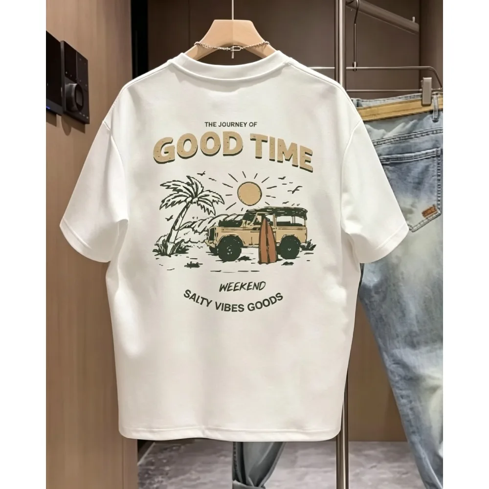 2026 New Men Casual Short Sleeve T-shirt Vintage Camper Van Beach Graphic GOOD TIME Art Font Palm Sun Surfboard Element