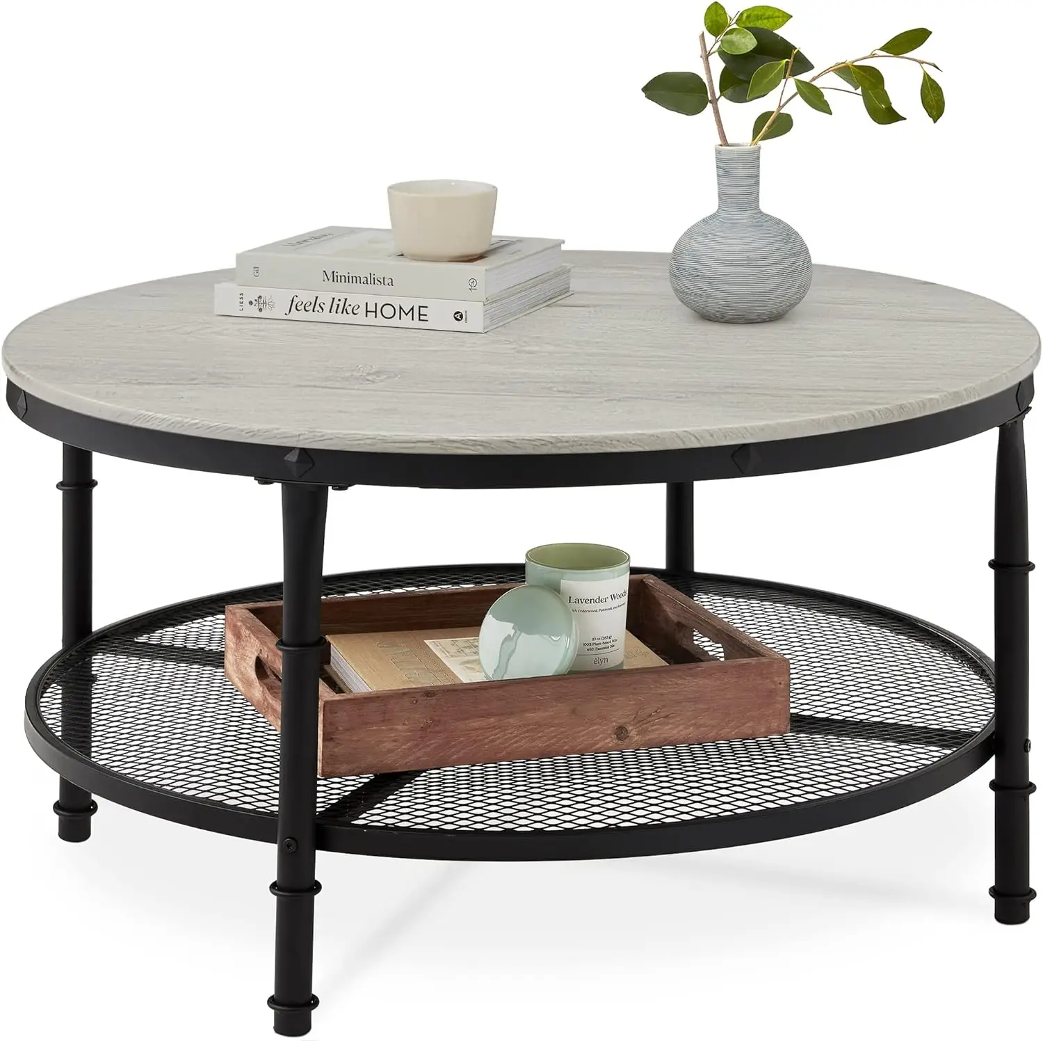 

Coffee Table, Rustic Steel Accent Table for Living Room, w/Wooden Tabletop, Reinforced Crossbars, Padded Feet, Open Shelf