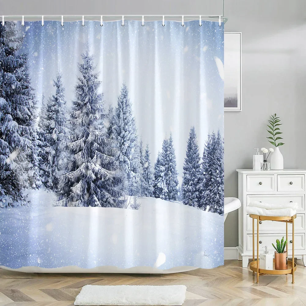 Winter Snow Fir Forest Christmas Tree Bathroom Shower Curtain Set Natural Scenery Waterproof Hanging Curtains Bathtub Accessory